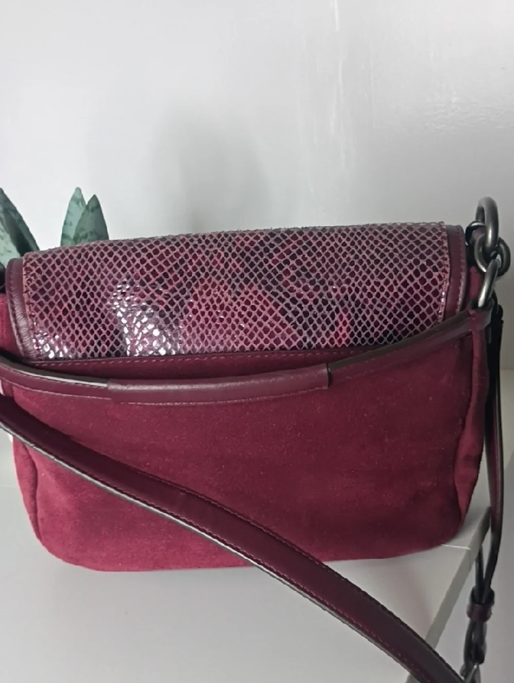 Coach Taylor Burgundy Suede & Exotic Python Flap Crossbody Bag Purse - Picture 6 of 13